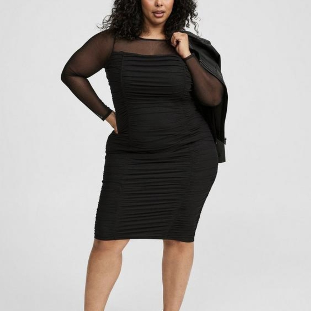 Torrid Black Ruched Mesh Long Sleeve Dress, NWT, Size 2X